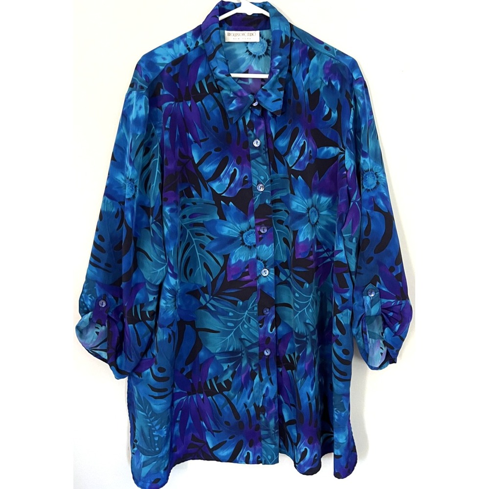 Vintage‎ Brownstone Studio Shirt Blouse Womens XL-2XL Floral Sheer Button Up 90s